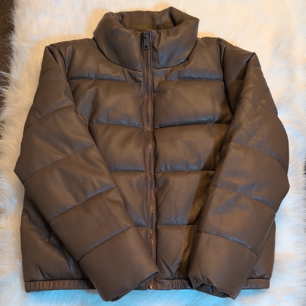 Faux Leather Brown Puffer Jacket